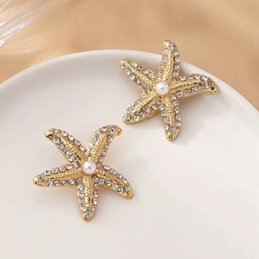 Gold and White Starfish Earrings with Sparkling Gemstones, Seashell Earrings